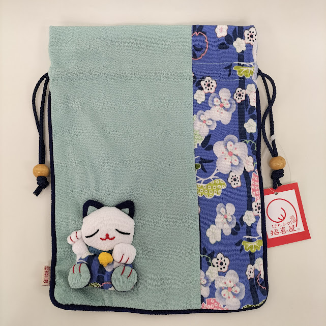 招き猫巾着（大）　水色と青　286