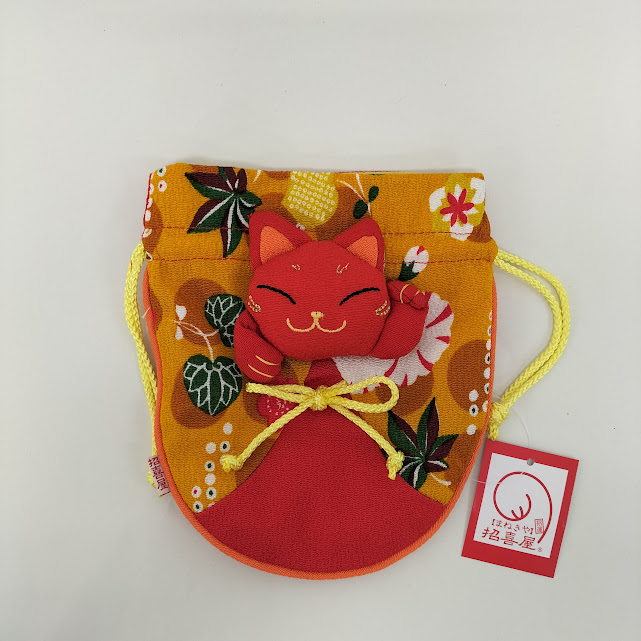 招き猫巾着（小）　赤とオレンジ　292