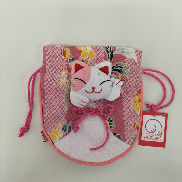 招き猫巾着（小）　薄いピンク　298